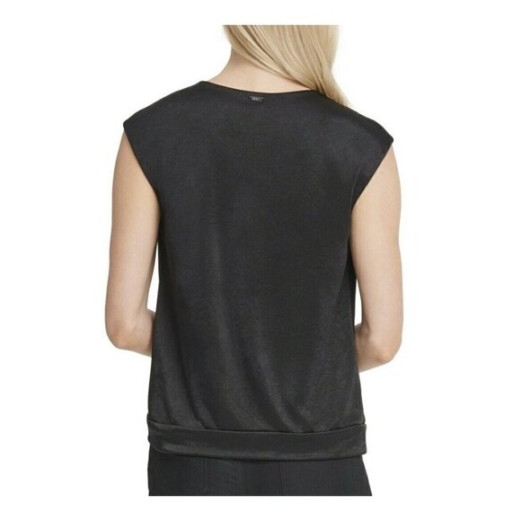 DKNY Satin Blouse Top black XSMALL Cap Sleeves Overlap Crew Neck - Picture 2 of 11